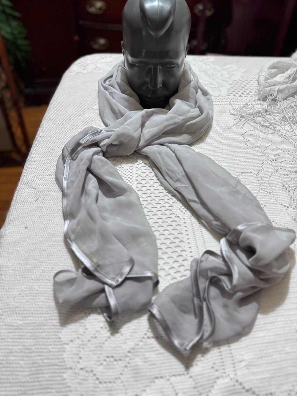Vintage Bernie of New York Made in USA 100% Silk Scarf Oblong Silver Gray 70x20